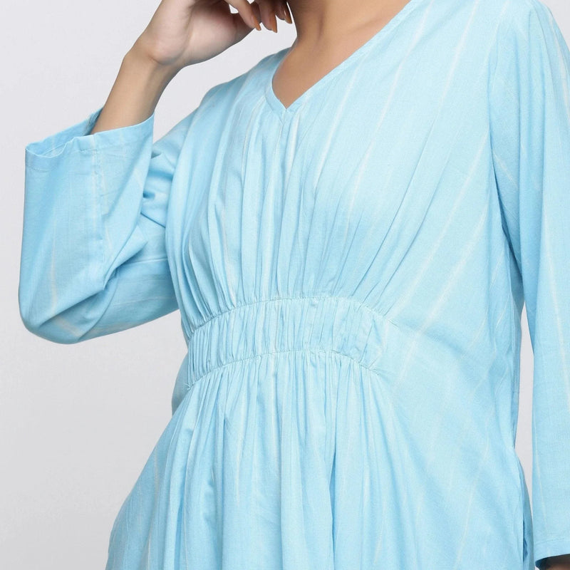 Front Detail of a Model wearing Blue Tie-Dye Cotton Midi Fit and Flare Dress