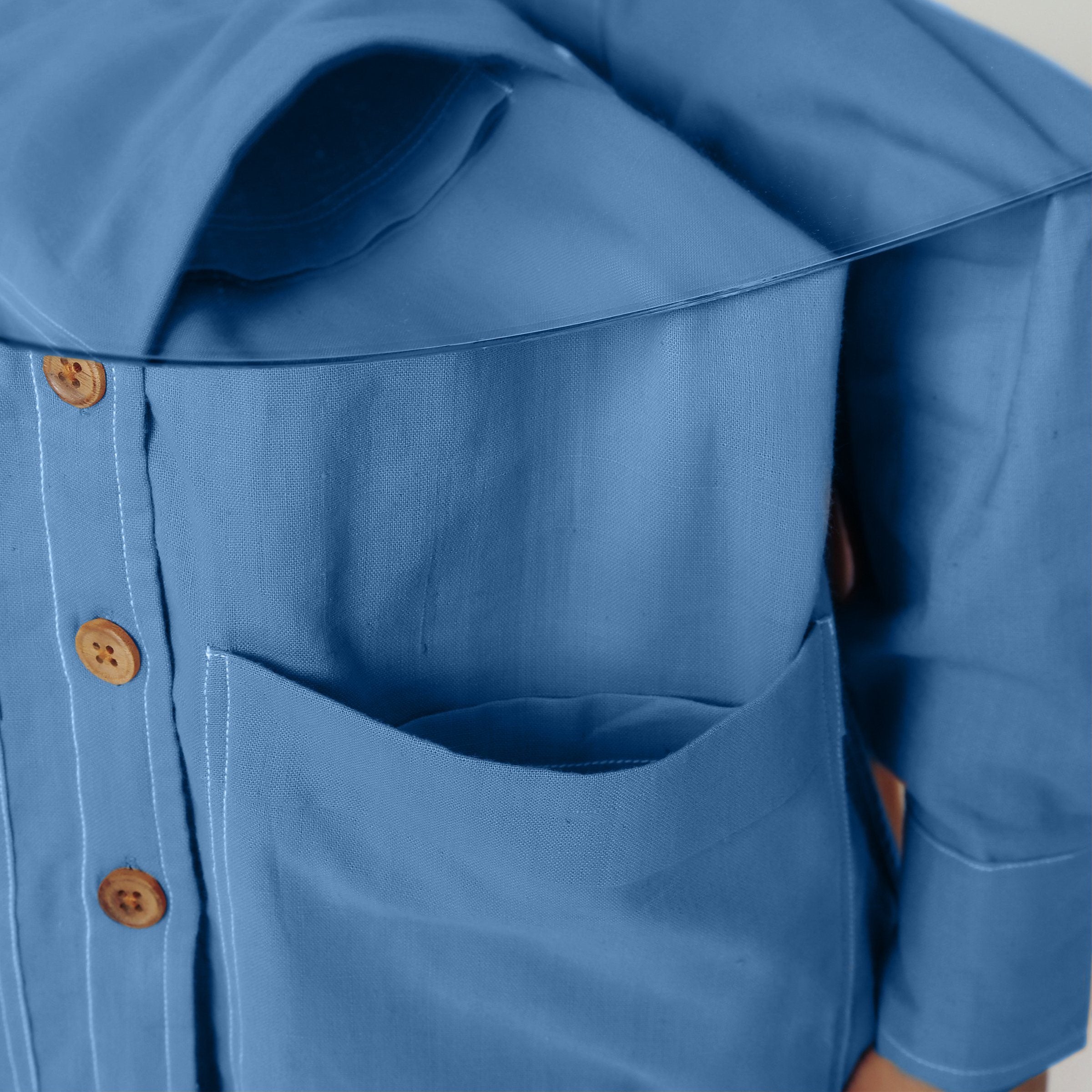 Front Detail of a Model wearing Blue Vegetable Dyed Button-Down Outerwear