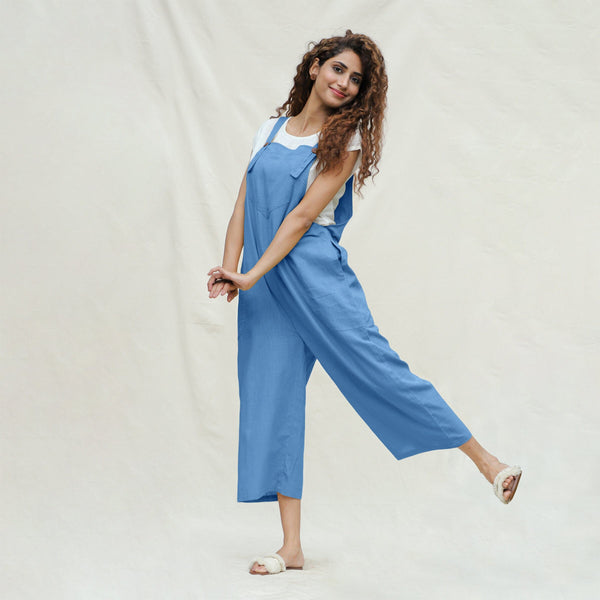 Powder Blue Handspun Cotton Midi Dungaree Jumpsuit