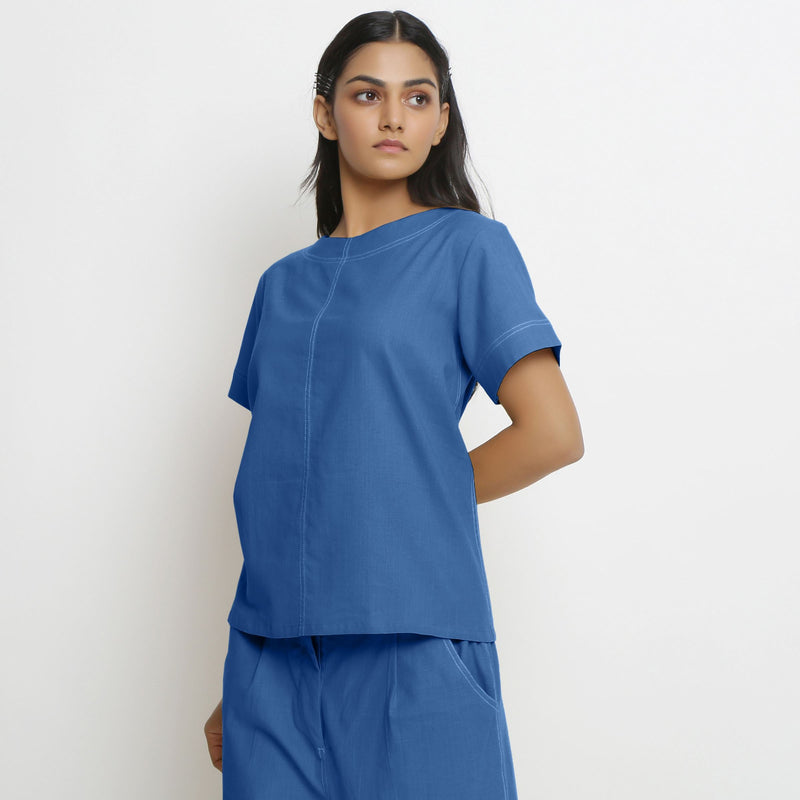 Left View of a Model wearing Blue Vegetable Dyed Paneled Top