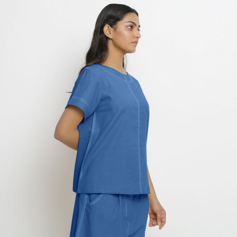 Right View of a Model wearing Blue Vegetable Dyed Paneled Top