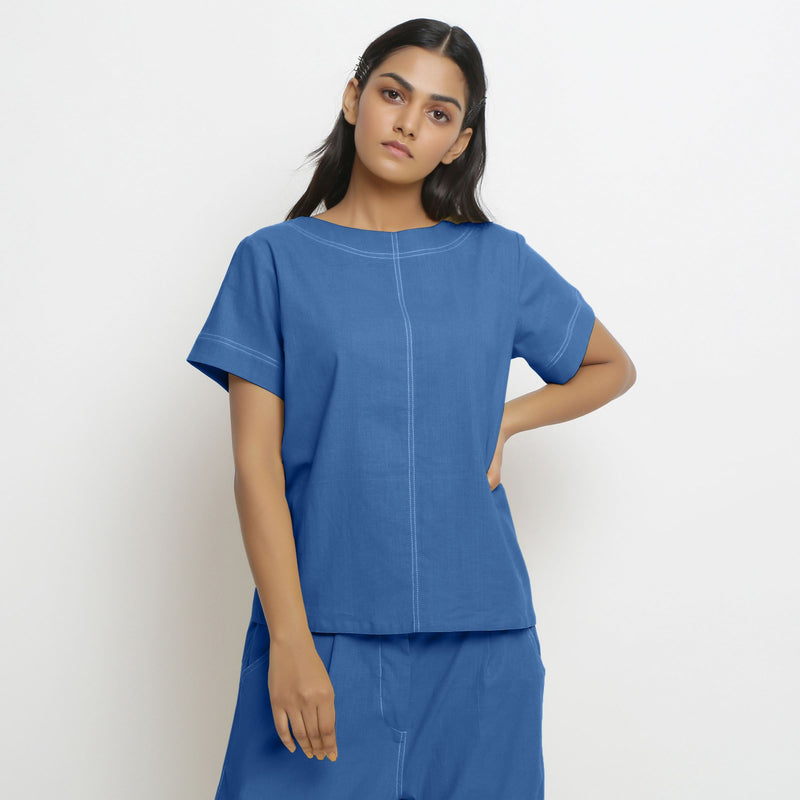 Front View of a Model wearing Blue Vegetable Dyed Paneled Top