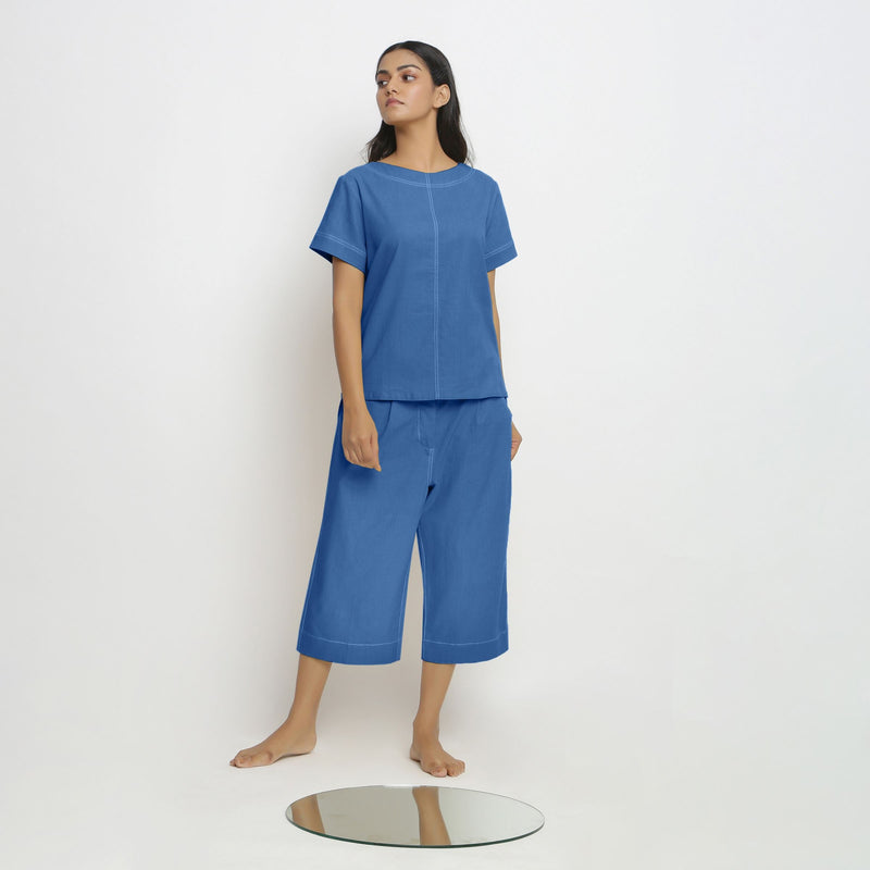 Front View of a Model wearing Blue Vegetable Dyed Paneled Top