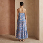 Blue-White Floral Block Print Cotton Drop-Waist Camisole Maxi Tier Dress