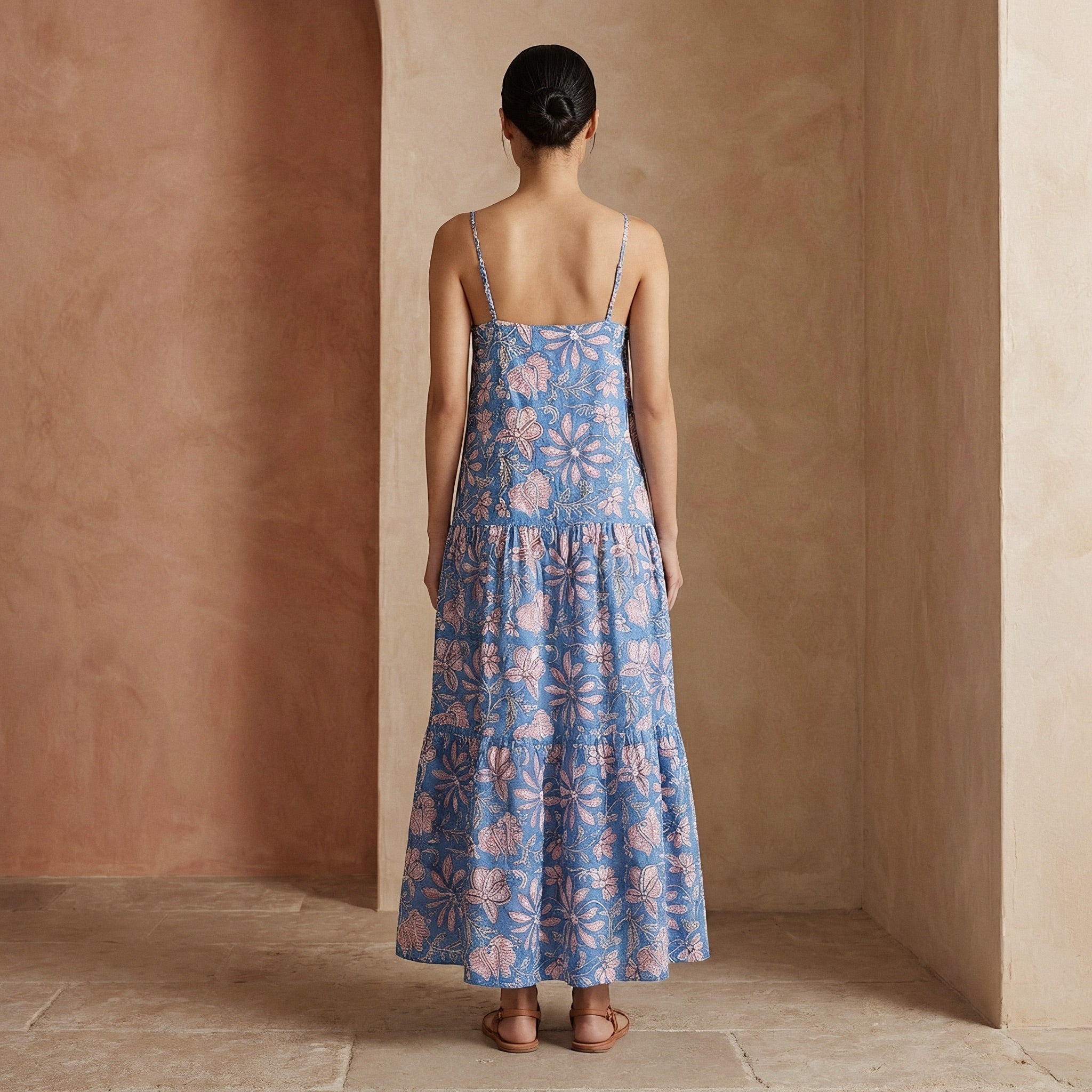 Blue-White Floral Block Print Cotton Drop-Waist Camisole Maxi Tier Dress