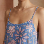 Blue-White Floral Block Print Cotton Drop-Waist Camisole Maxi Tier Dress