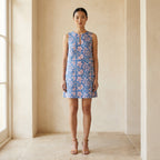 Blue-White Floral Block Print Cotton Sleeveless A-Line Short Shift Dress