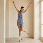Blue-White Floral Block Print Cotton Sleeveless A-Line Short Shift Dress