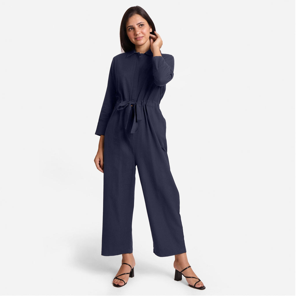 Front View of a Model wearing Blue Wide Legged Cotton Overall