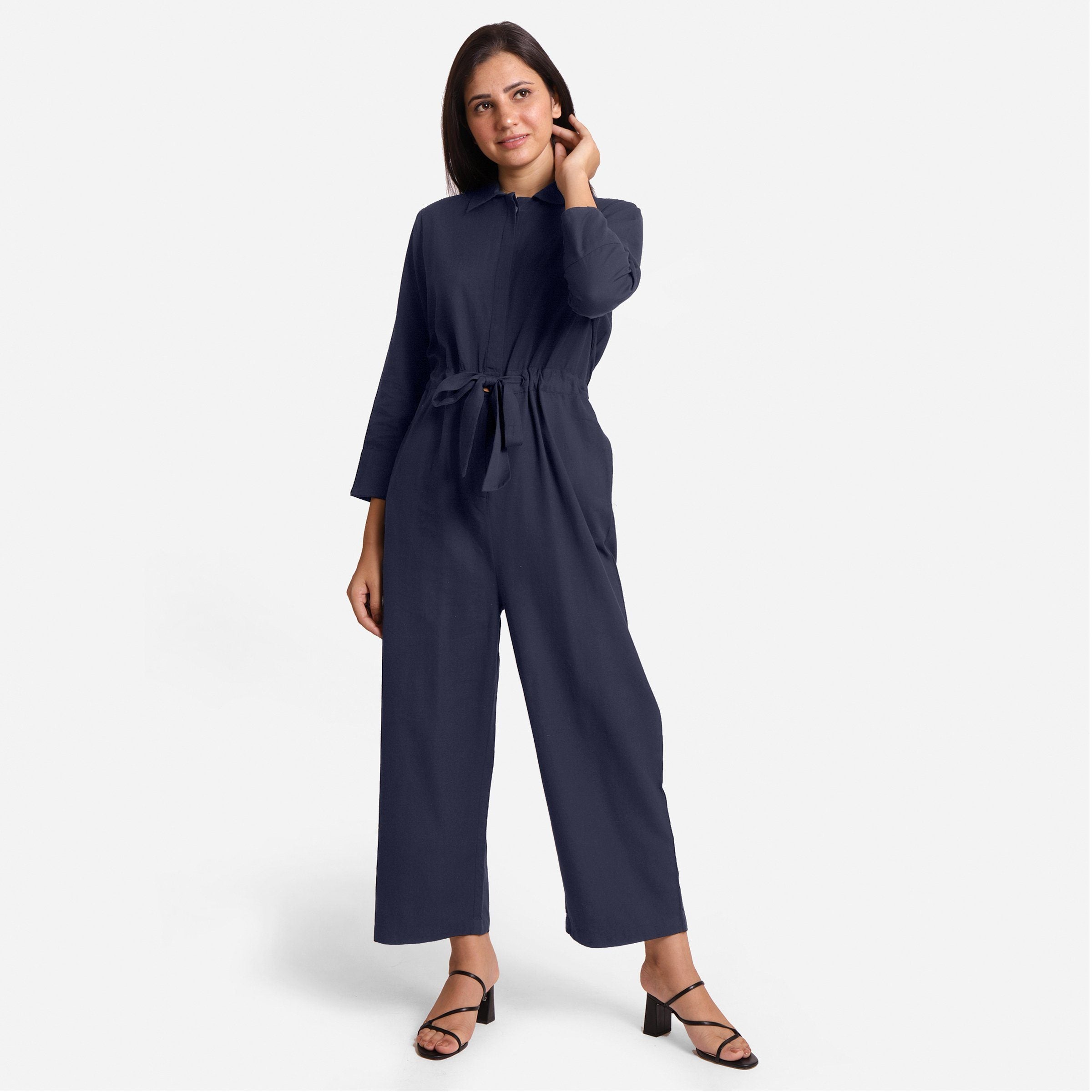Front View of a Model wearing Blue Wide Legged Cotton Overall