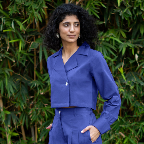 Royal Blue Cotton Poplin Full Sleeve Cropped Shirt