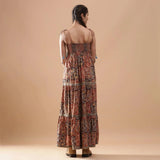 Back View of a Model wearing Bohemian Kalamkari Tiered Cotton Dress