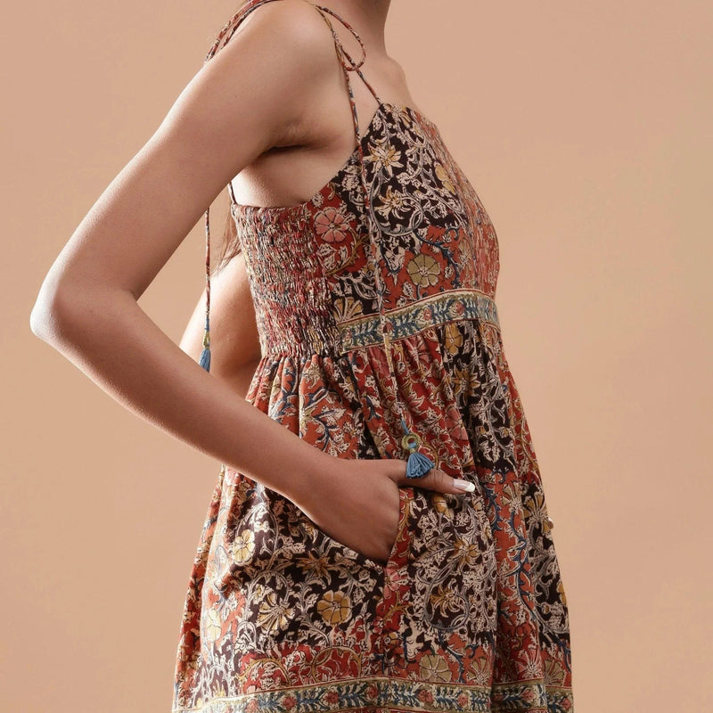 Right Detail of a Model wearing Bohemian Kalamkari Tiered Cotton Dress