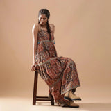 Right View of a Model wearing Bohemian Kalamkari Tiered Cotton Dress