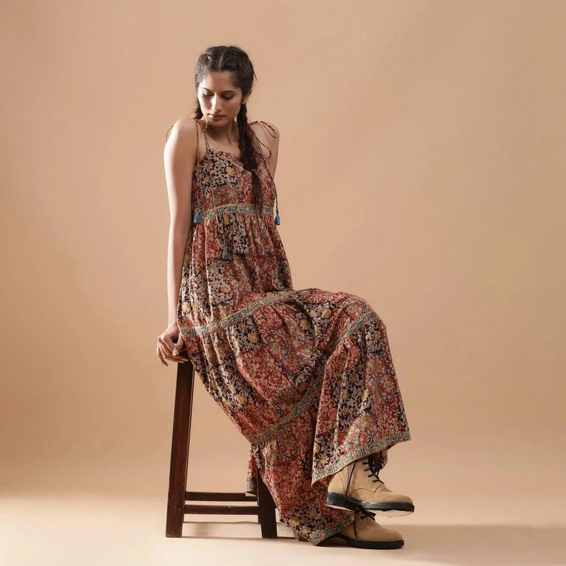 Right View of a Model wearing Bohemian Kalamkari Tiered Cotton Dress