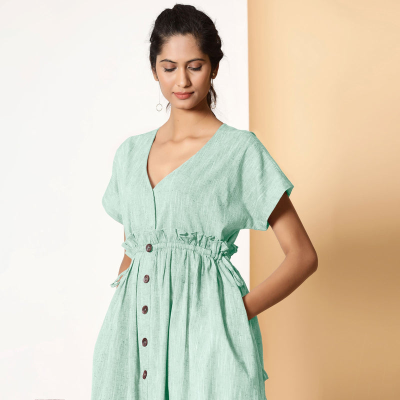 Front View of a Model wearing Bohemian Cotton Aqua Frilled Dress