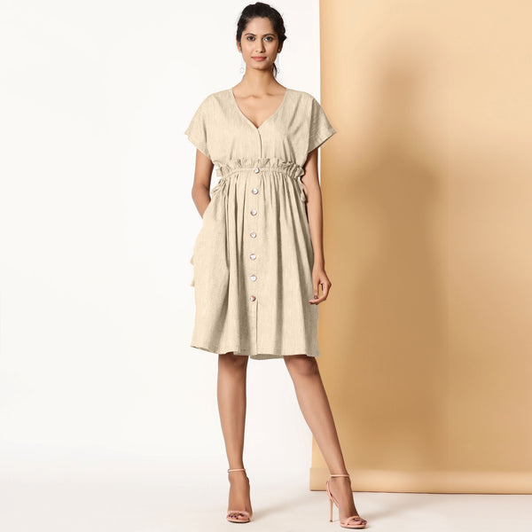 Front View of a Model wearing Bohemian Cotton Beige Frilled Dress