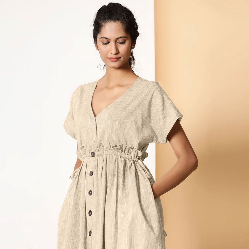 Front View of a Model wearing Bohemian Cotton Beige Frilled Dress