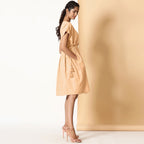 Right View of a Model wearing Bohemian Cotton Yellow Frilled Dress