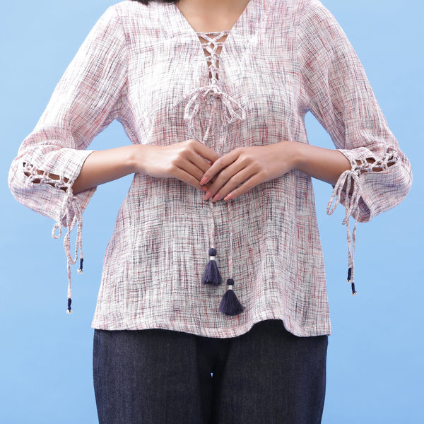 Front Detail of a Model wearing Bohemian Crinkled Cotton Tie-Up Top