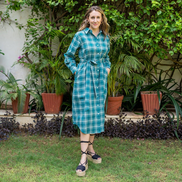 Bottle Green Checks Cotton Midi Shirt Dress