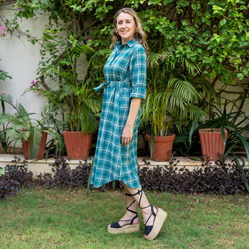 Bottle Green Checks Cotton Midi Shirt Dress