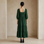Bottle Green Cotton Waffle Square Neck Tiered Midi Dress