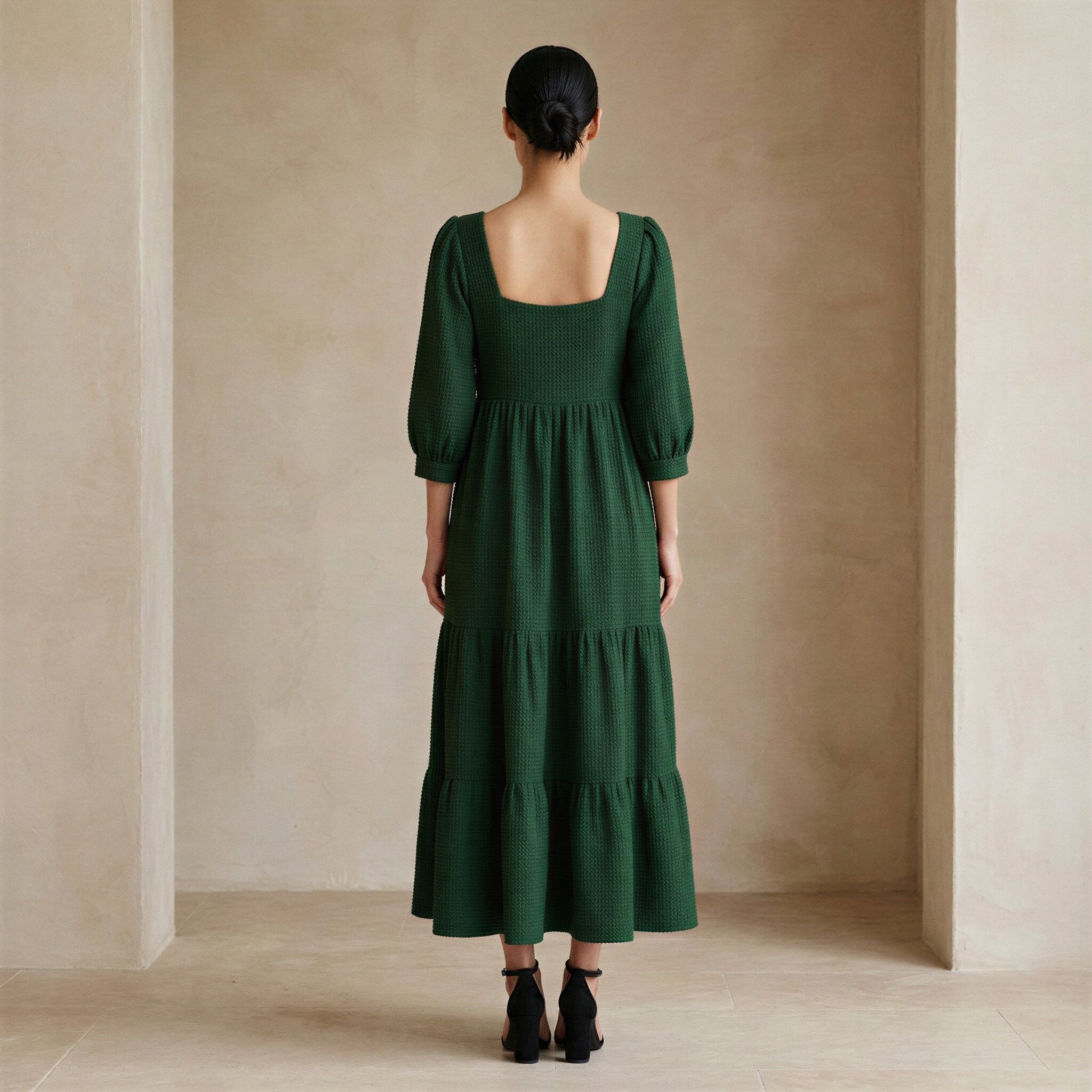 Bottle Green Cotton Waffle Square Neck Tiered Midi Dress