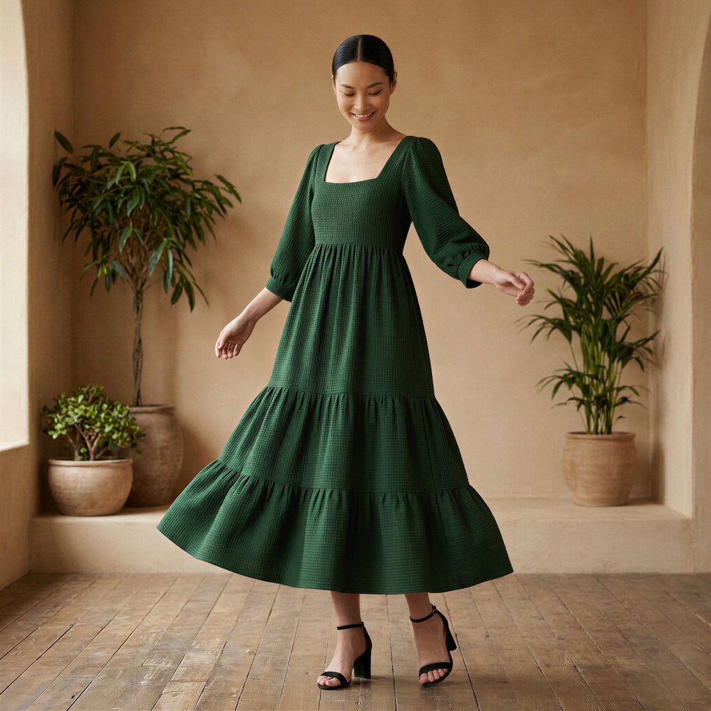 Bottle Green Cotton Waffle Square Neck Tiered Midi Dress