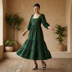 Bottle Green Cotton Waffle Square Neck Tiered Midi Dress