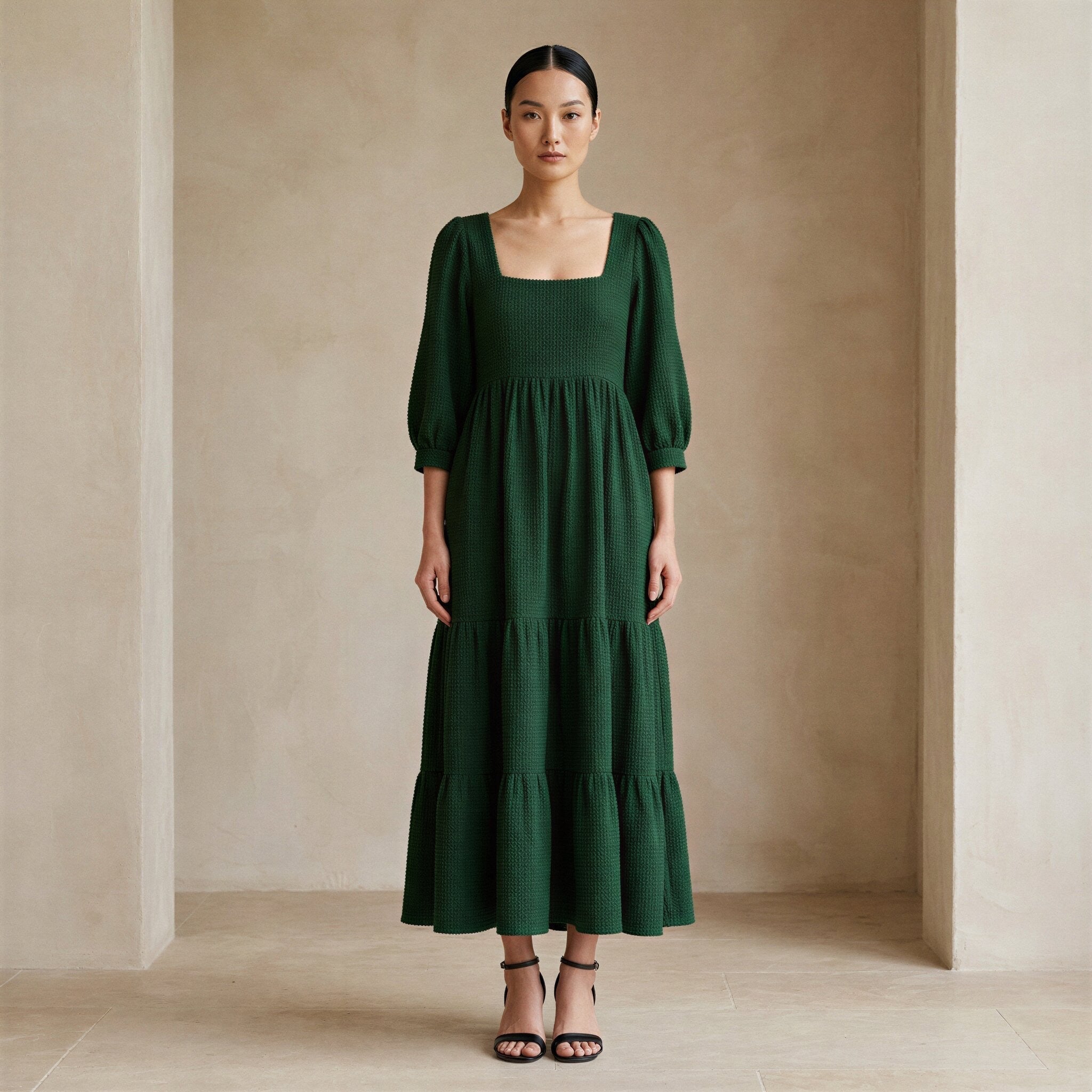 Bottle Green Cotton Waffle Square Neck Tiered Midi Dress