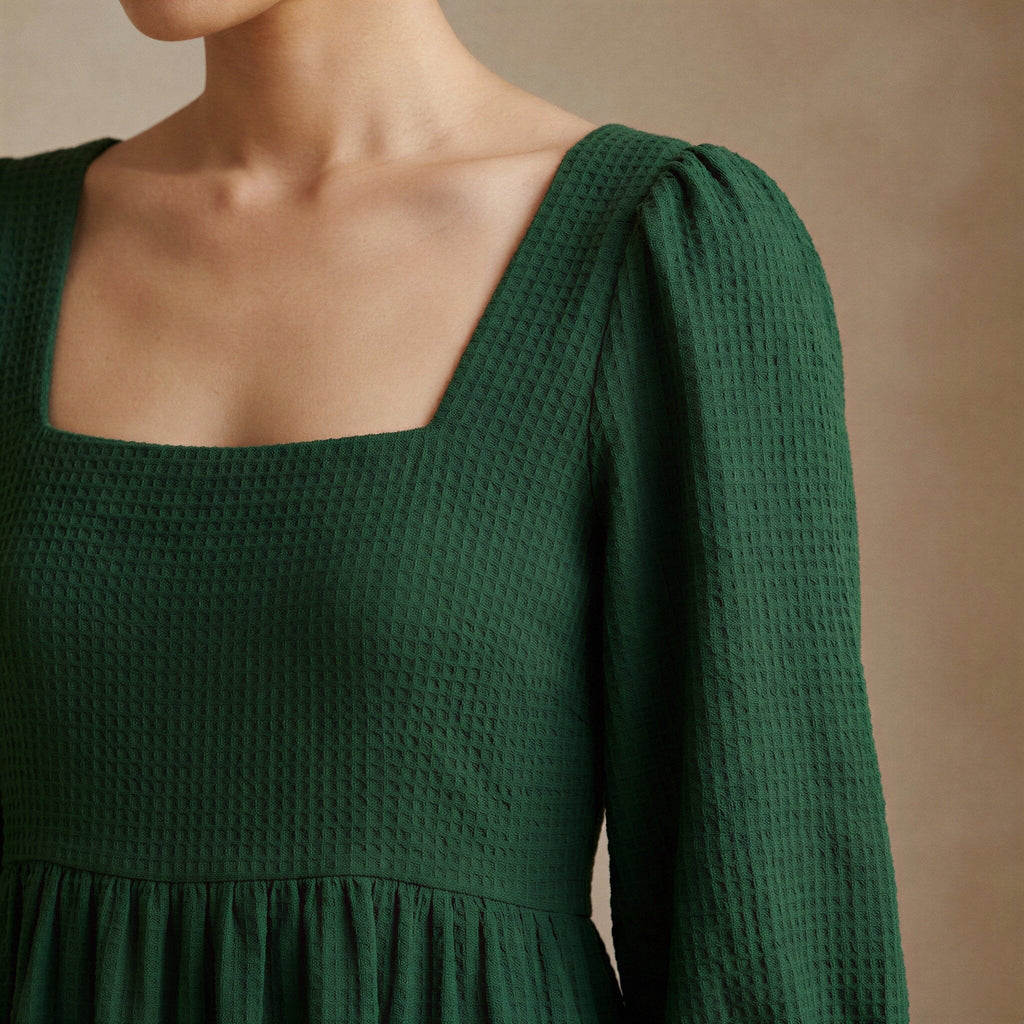 Bottle Green Cotton Waffle Square Neck Tiered Midi Dress
