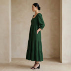 Bottle Green Cotton Waffle Square Neck Tiered Midi Dress