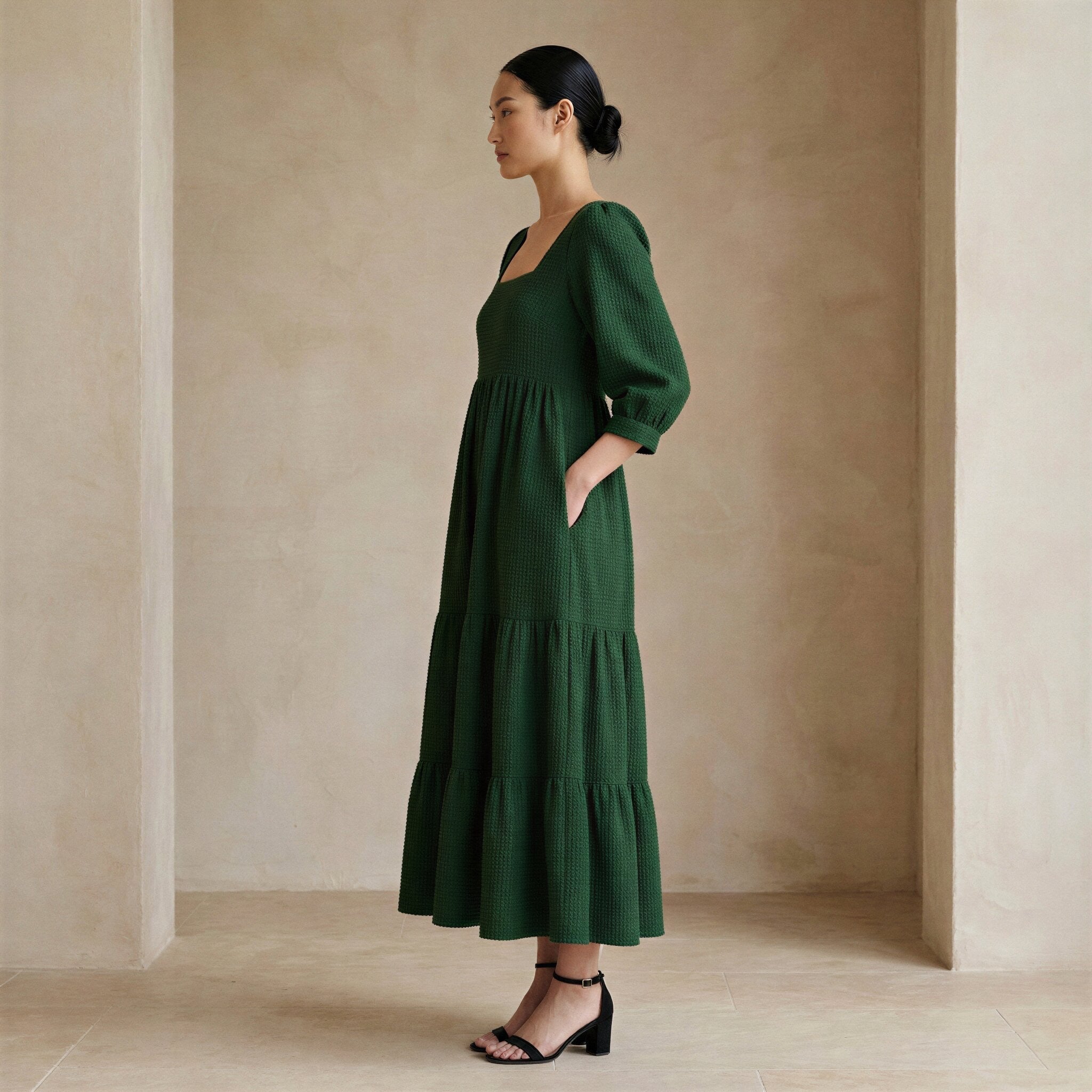 Bottle Green Cotton Waffle Square Neck Tiered Midi Dress