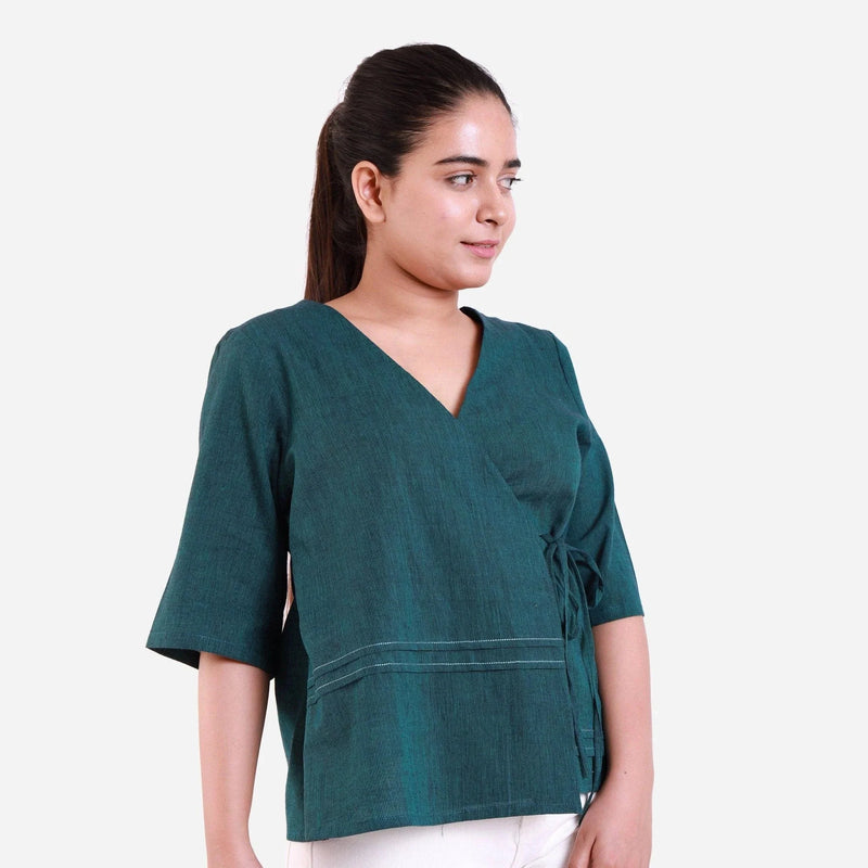 Right View of a Model wearing Bottle Green Mangalgiri Wrap Top