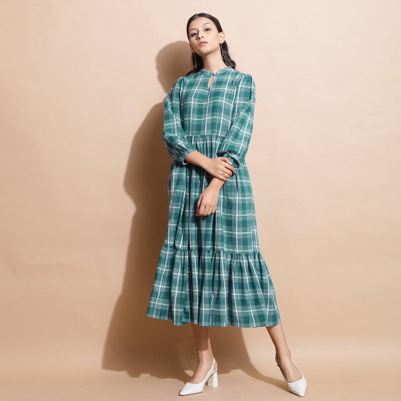 Front View of a Model wearing Bottle Green Puff Sleeves Gathered Dress