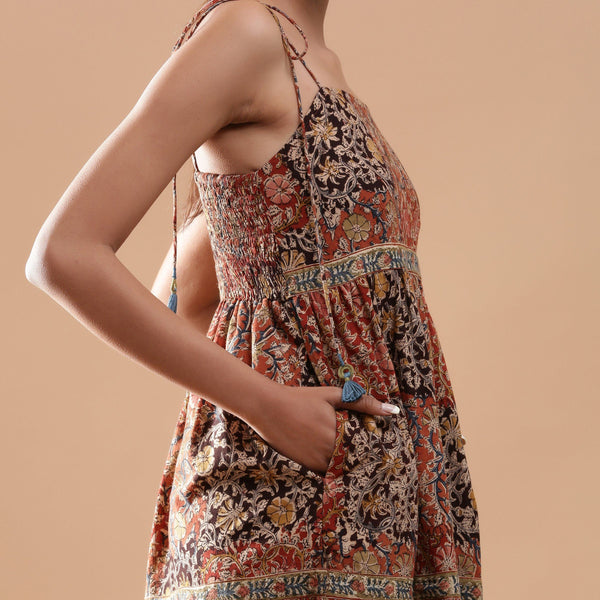 Right Detail of a Model wearing Bohemian Kalamkari Tiered Cotton Dress