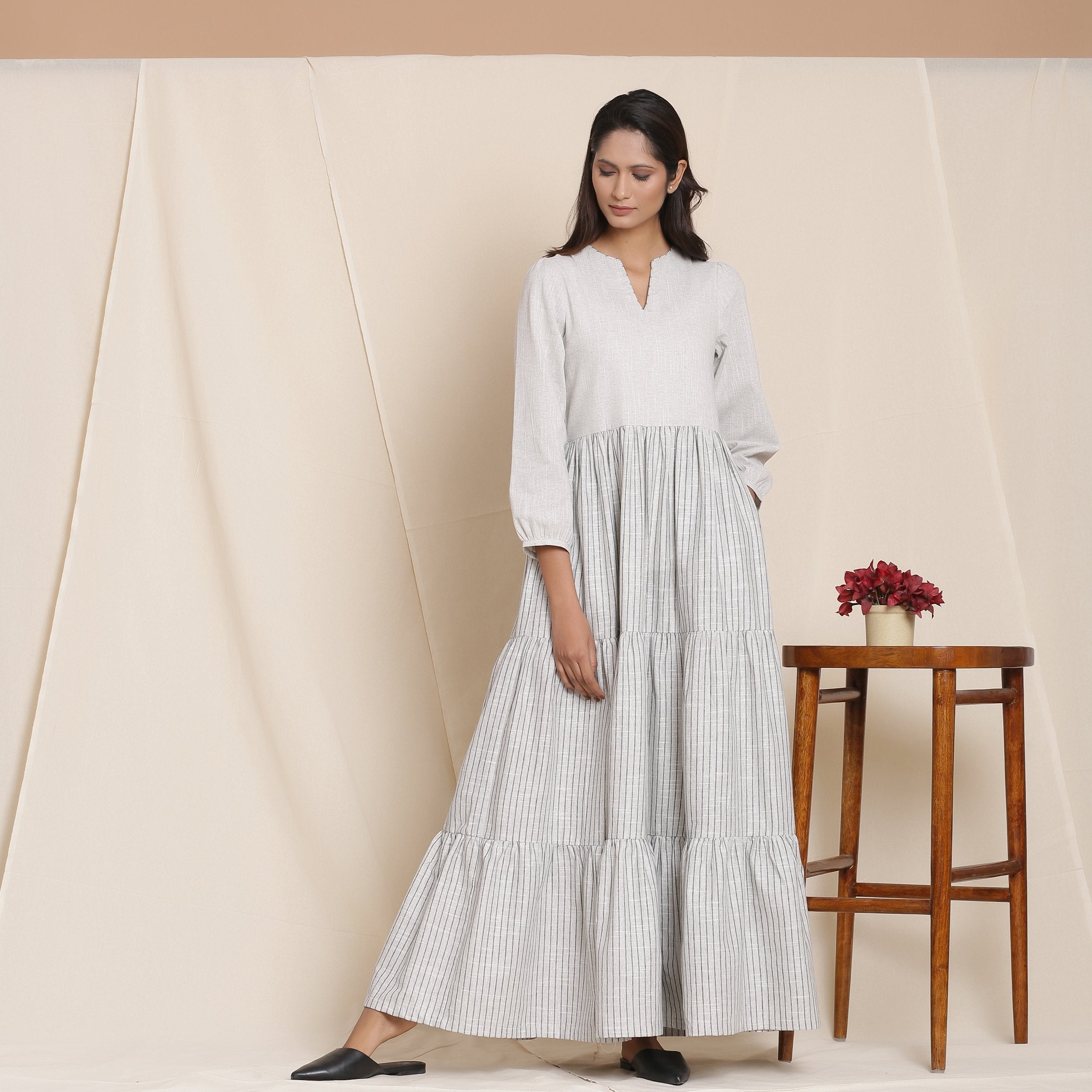 Front View of a Model wearing Cloudy Grey Striped Floor Length Cotton Tier Dress