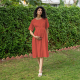 Brick Red 100% Cotton Button-Down Knee Length Pre and Post Maternity Dress