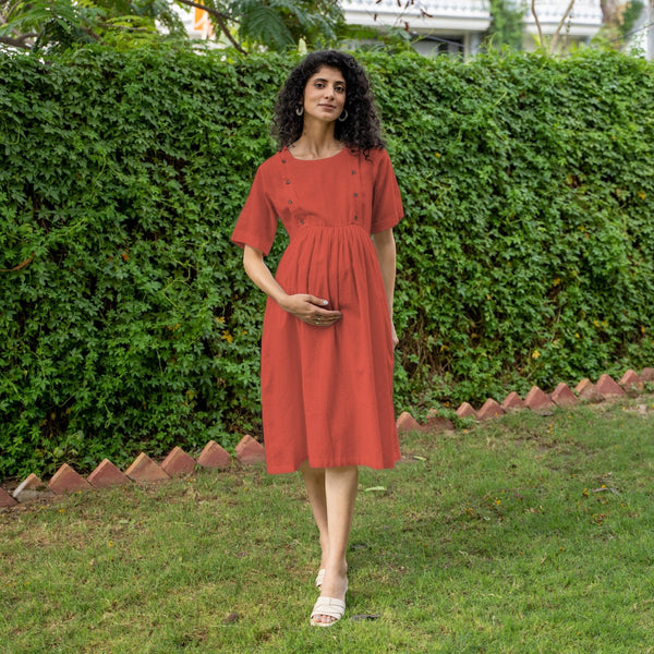 Brick Red 100% Cotton Button-Down Knee Length Pre and Post Maternity Dress