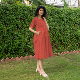 Brick Red 100% Cotton Button-Down Knee Length Pre and Post Maternity Dress