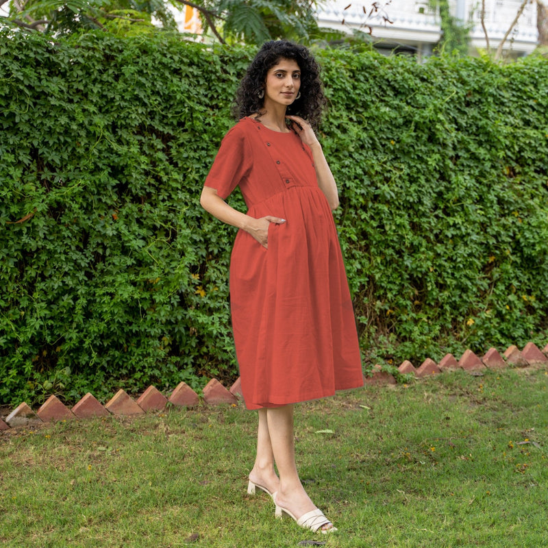 Brick Red 100% Cotton Button-Down Knee Length Pre and Post Maternity Dress