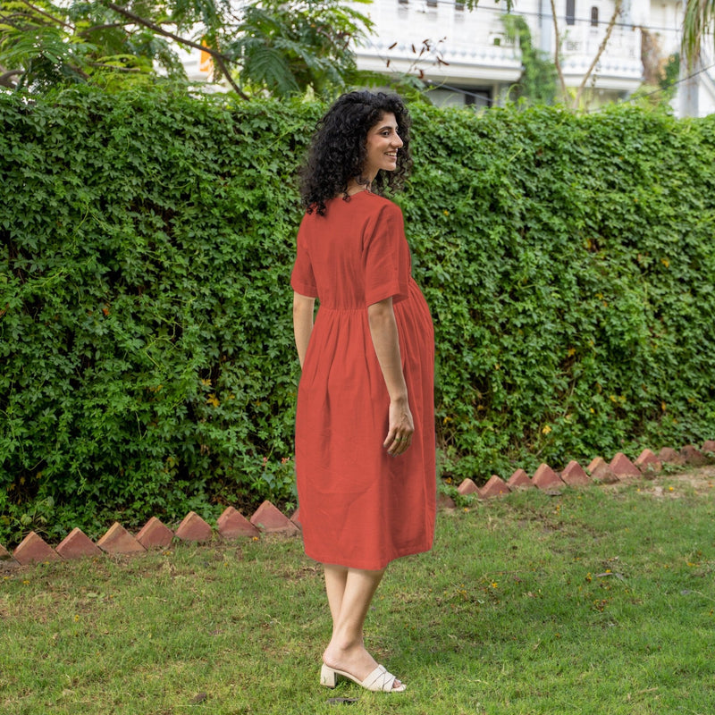 Brick Red 100% Cotton Button-Down Knee Length Pre and Post Maternity Dress
