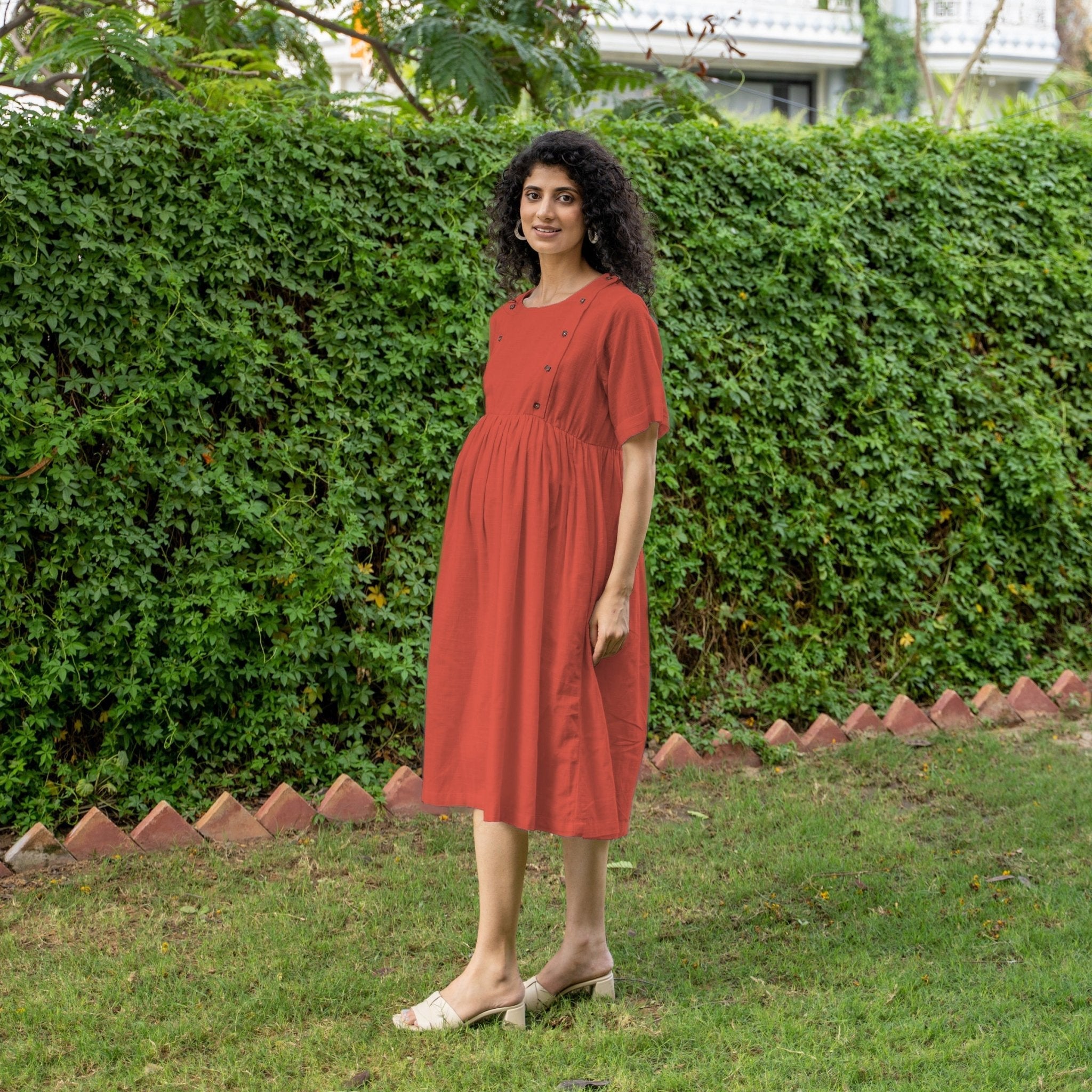Brick Red 100% Cotton Button-Down Knee Length Pre and Post Maternity Dress