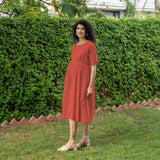 Brick Red 100% Cotton Button-Down Knee Length Pre and Post Maternity Dress