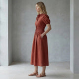Brick Red 100% Cotton Button-Down Midi Shirt Dress