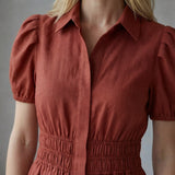 Brick Red 100% Cotton Button-Down Midi Shirt Dress