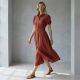 Brick Red 100% Cotton Button-Down Midi Shirt Dress