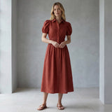 Brick Red 100% Cotton Button-Down Midi Shirt Dress