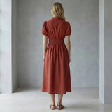 Brick Red 100% Cotton Button-Down Midi Shirt Dress
